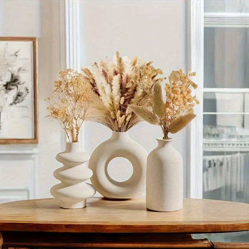 3pc Boho Ceramic Vases – White Sculptural Nordic Design