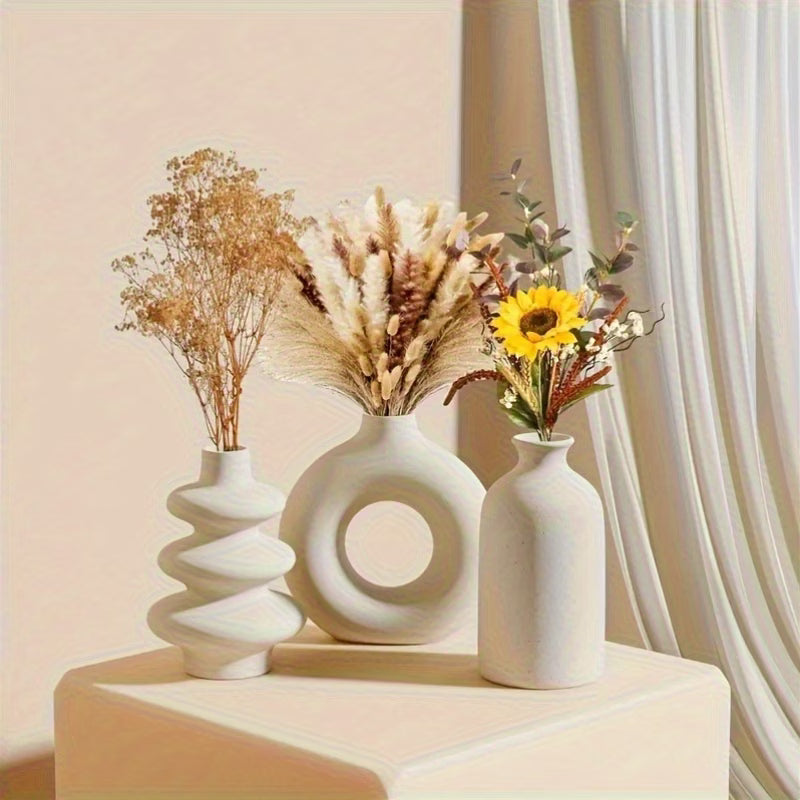 3pc Boho Ceramic Vases – White Sculptural Nordic Design