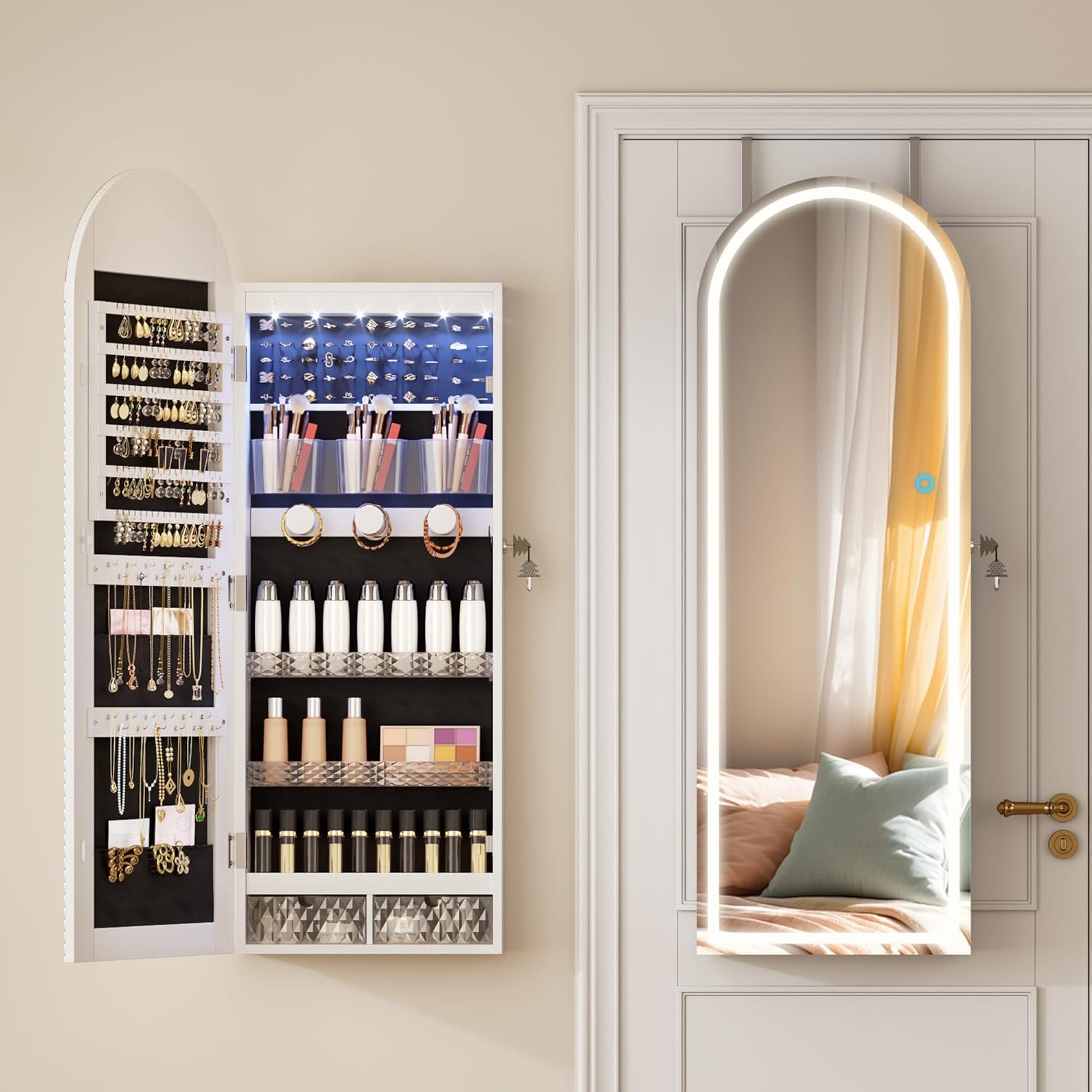 Lockable Arched Jewelry Mirror Cabinet with LED Lights