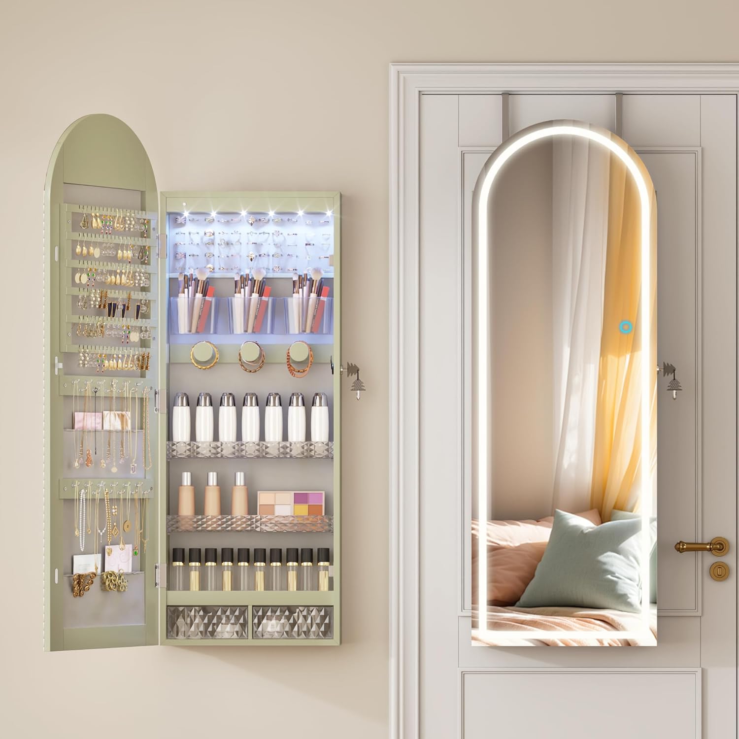 Lockable Arched Jewelry Mirror Cabinet with LED Lights