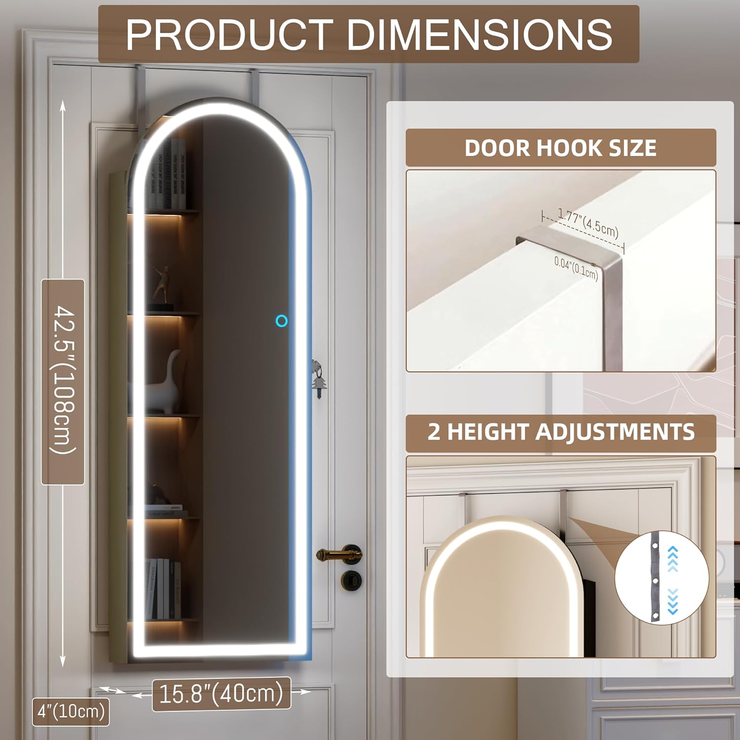 Lockable Arched Jewelry Mirror Cabinet with LED Lights