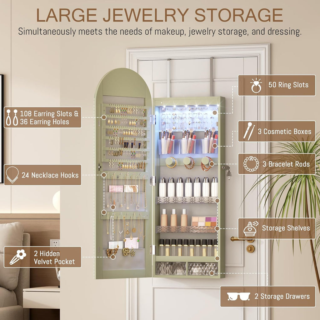 Lockable Arched Jewelry Mirror Cabinet with LED Lights