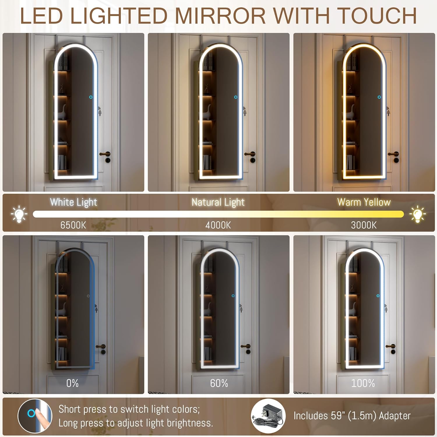 Lockable Arched Jewelry Mirror Cabinet with LED Lights