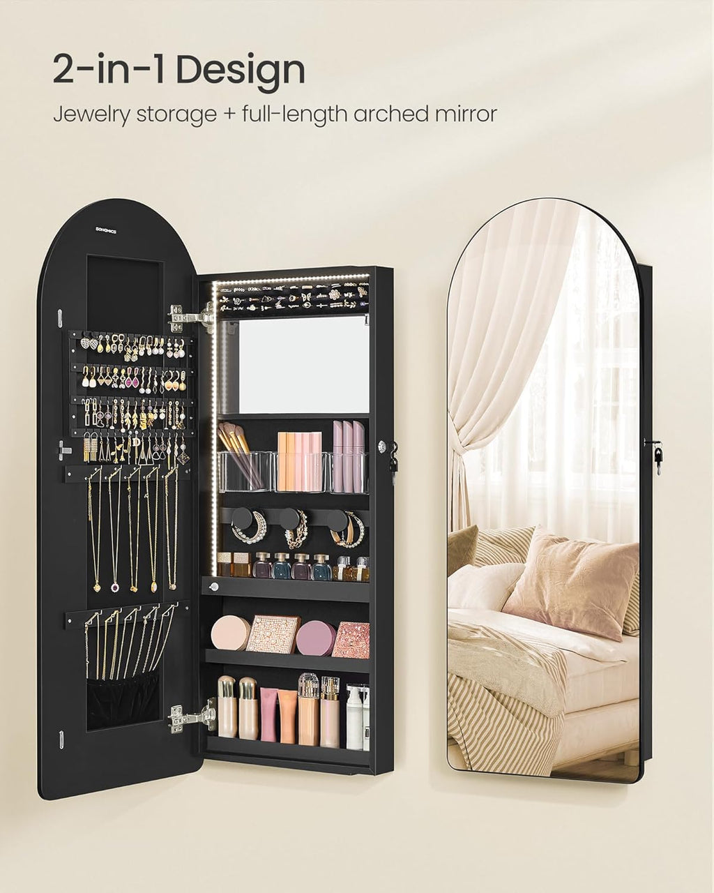 Lockable Arched Jewelry Mirror Cabinet with LED Lights