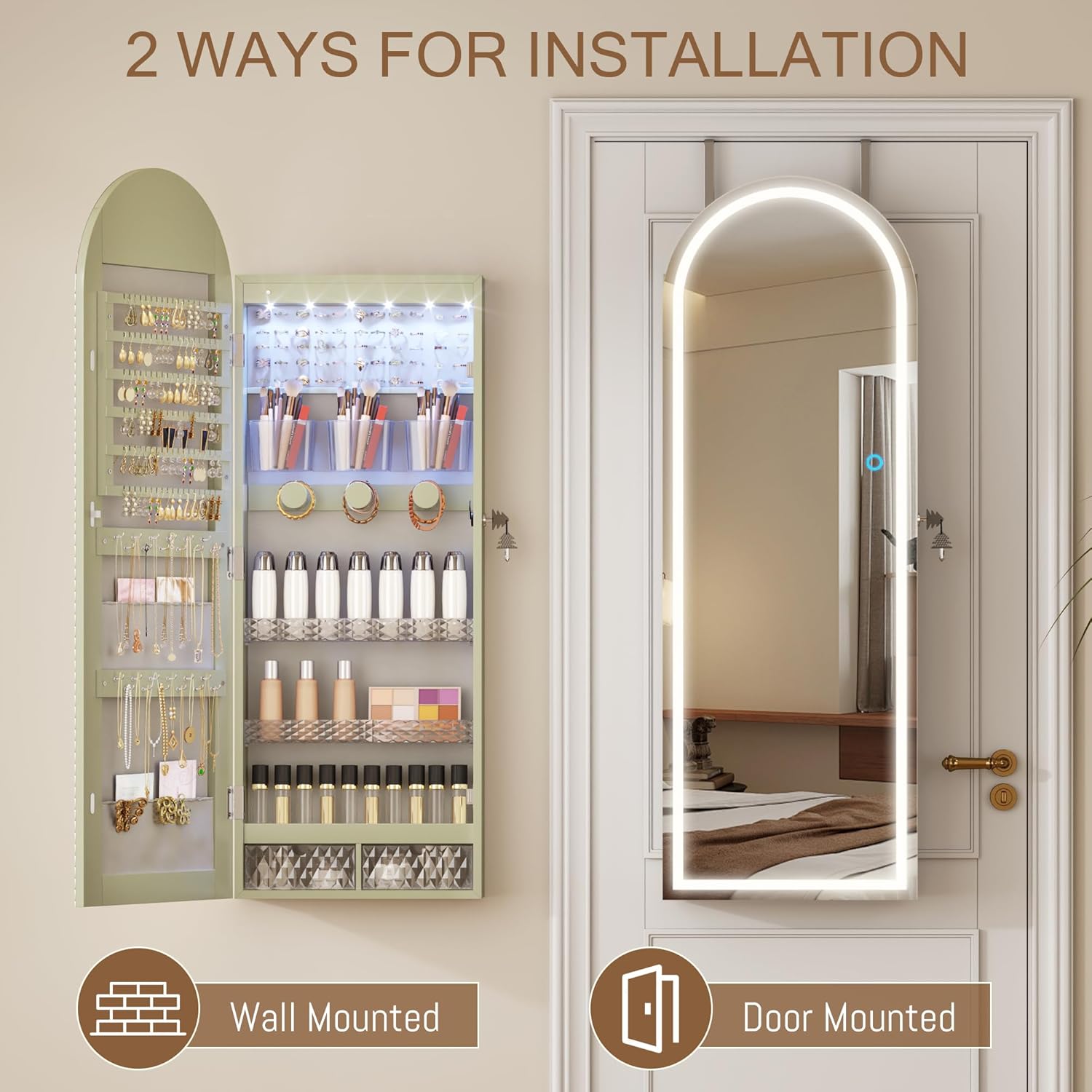 Lockable Arched Jewelry Mirror Cabinet with LED Lights