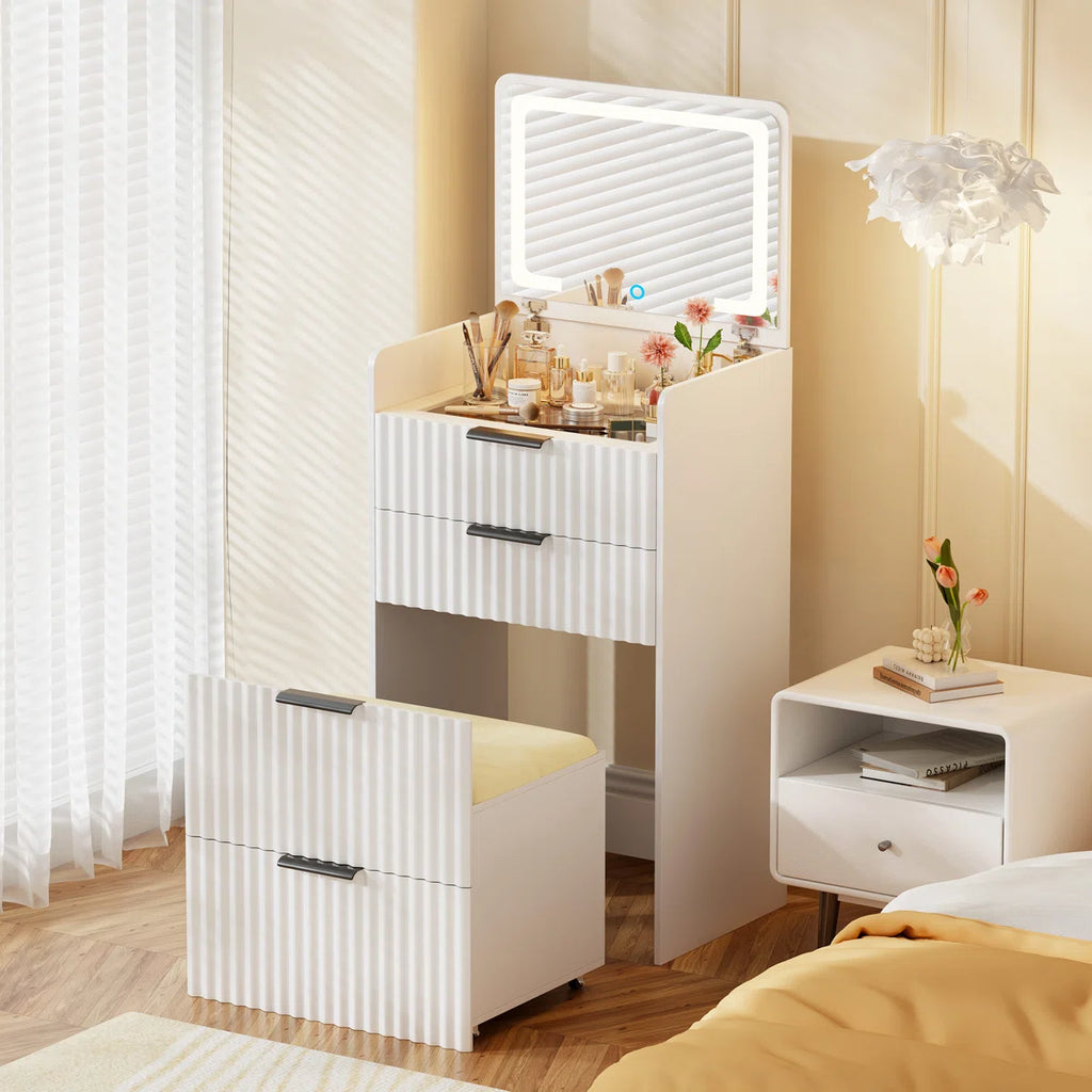 Compact Vanity Desk With Flip-up Led Mirror, Glass Drawer, And Hidden Stool Storage