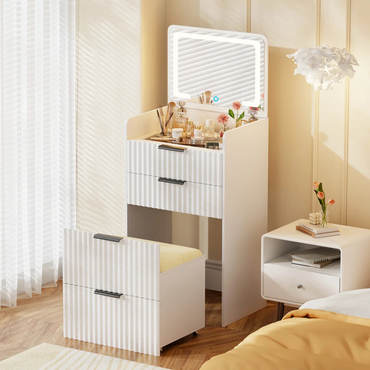 Compact Vanity Desk With Flip-up Led Mirror, Glass Drawer, And Hidden Stool Storage