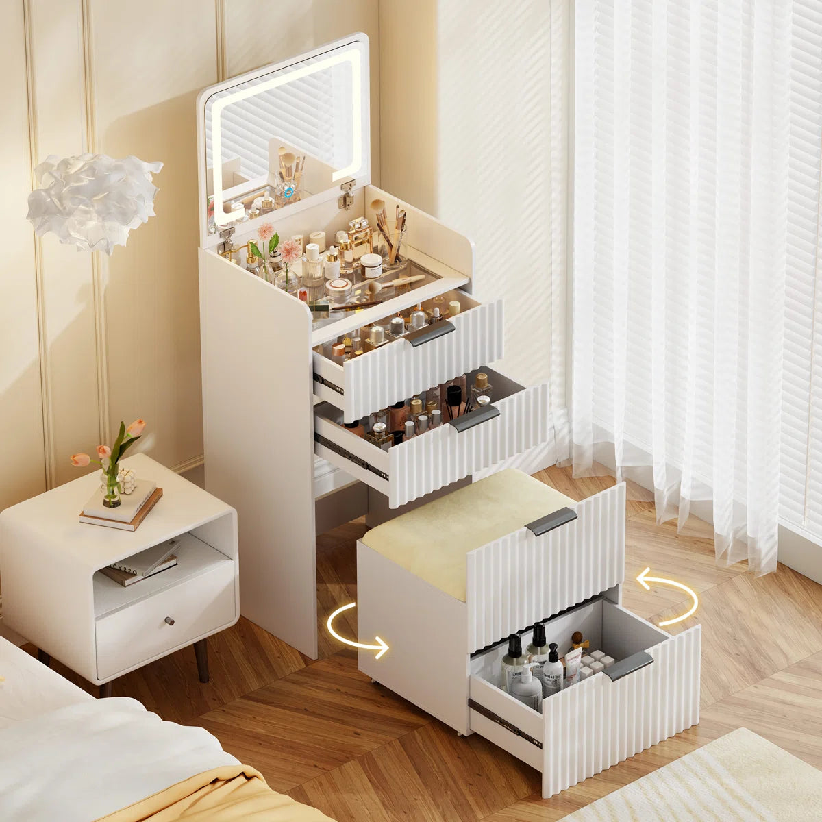 Compact Vanity Desk With Flip-up Led Mirror, Glass Drawer, And Hidden Stool Storage