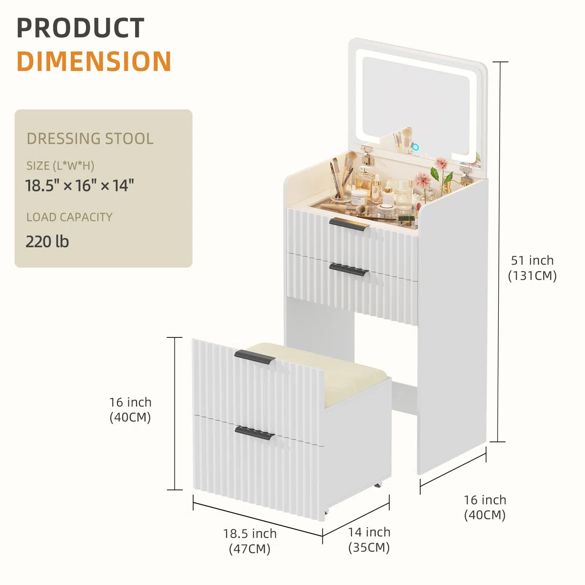 Compact Vanity Desk With Flip-up Led Mirror, Glass Drawer, And Hidden Stool Storage