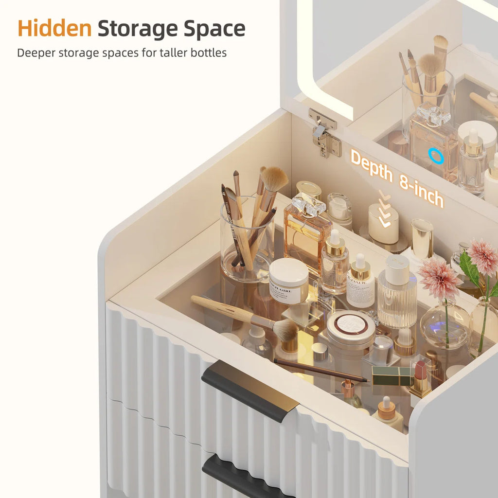 Compact Vanity Desk With Flip-up Led Mirror, Glass Drawer, And Hidden Stool Storage