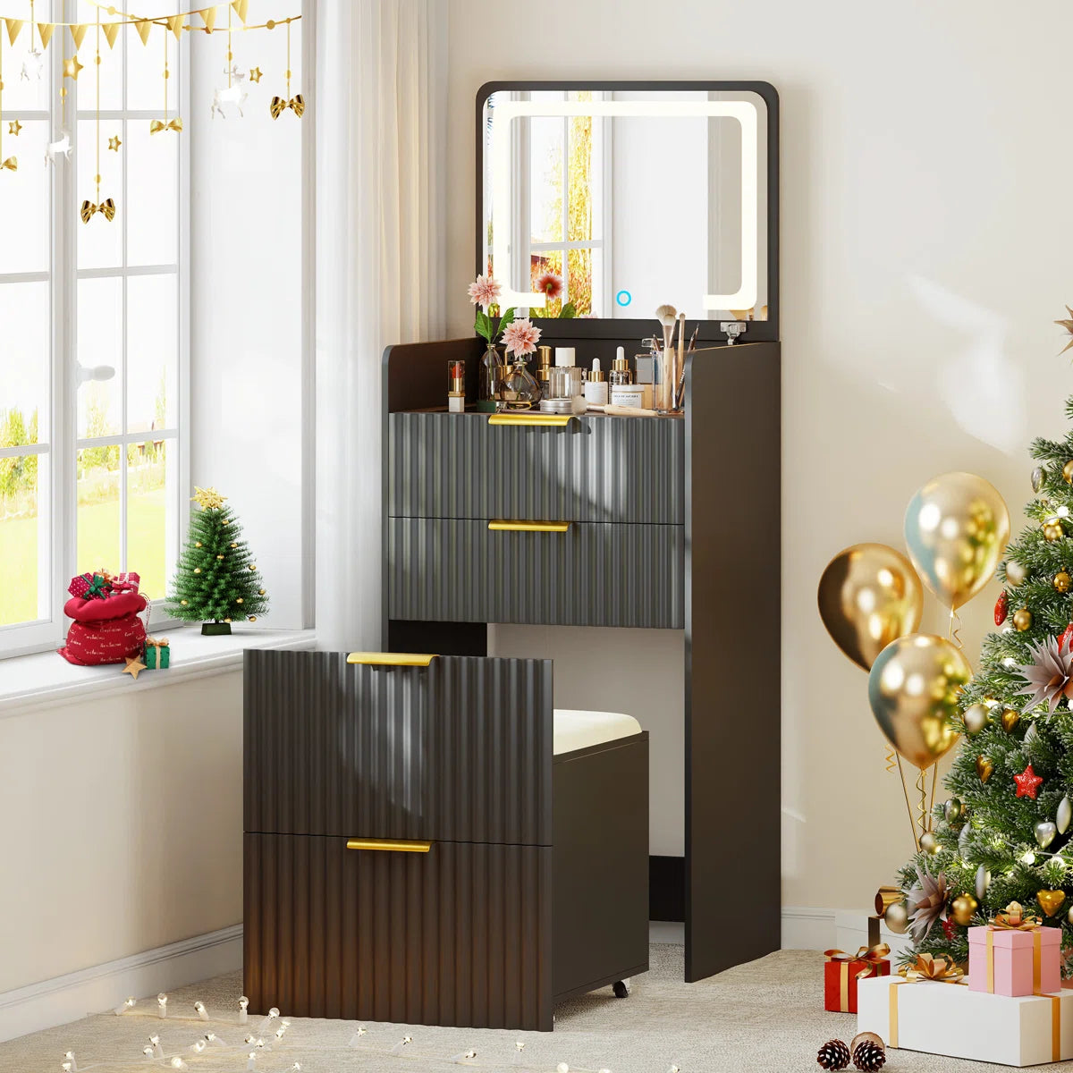 Compact Vanity Desk With Flip-up Led Mirror, Glass Drawer, And Hidden Stool Storage