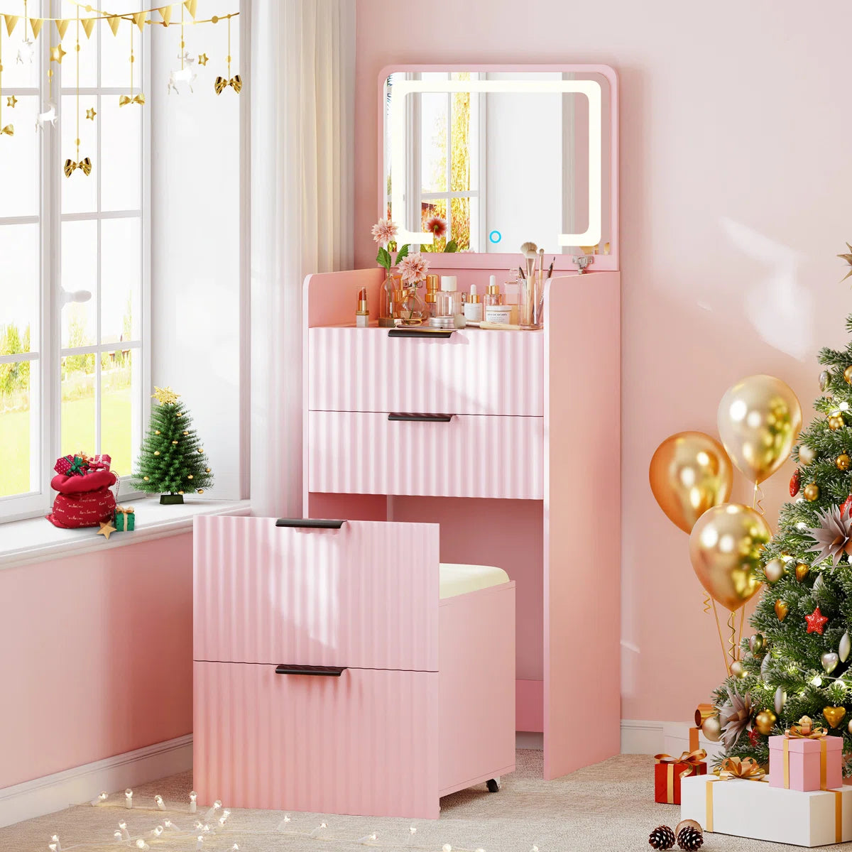 Compact Vanity Desk With Flip-up Led Mirror, Glass Drawer, And Hidden Stool Storage