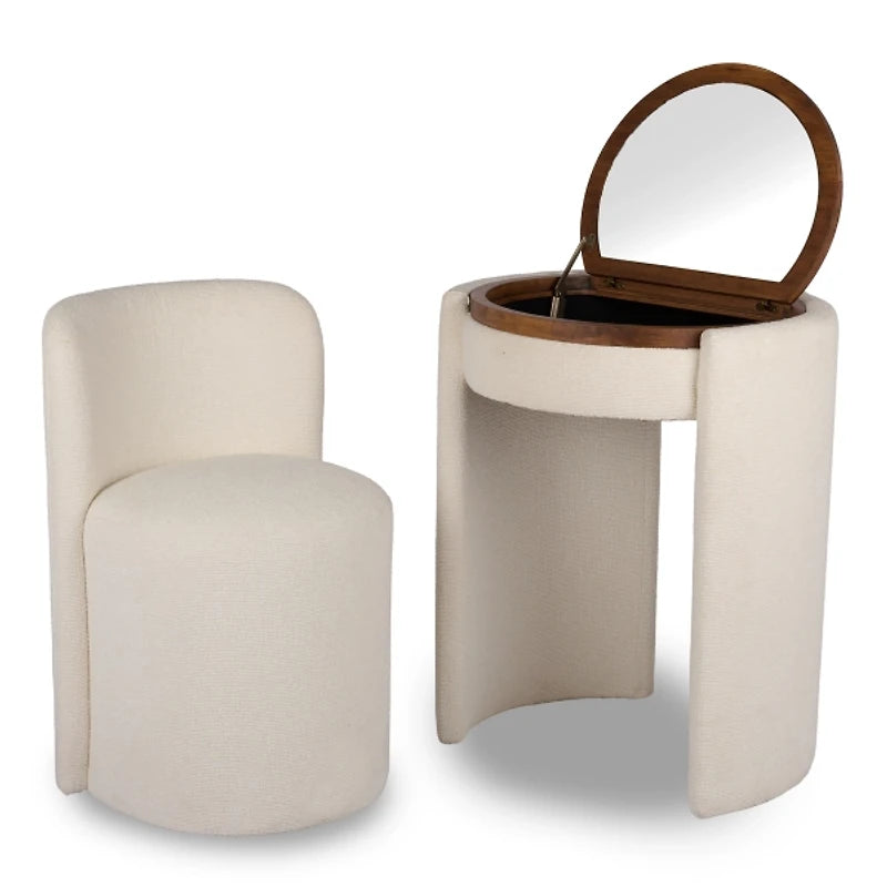 Beige vanity table with mirror and stool on a white background