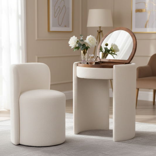 Nora Ivory Chair and Mirror Vanity Set in elegant setting
